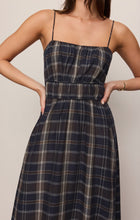 Eclipse Evermore Plaid Midi Dress by z supply on model in navy plaid with spaghetti straps