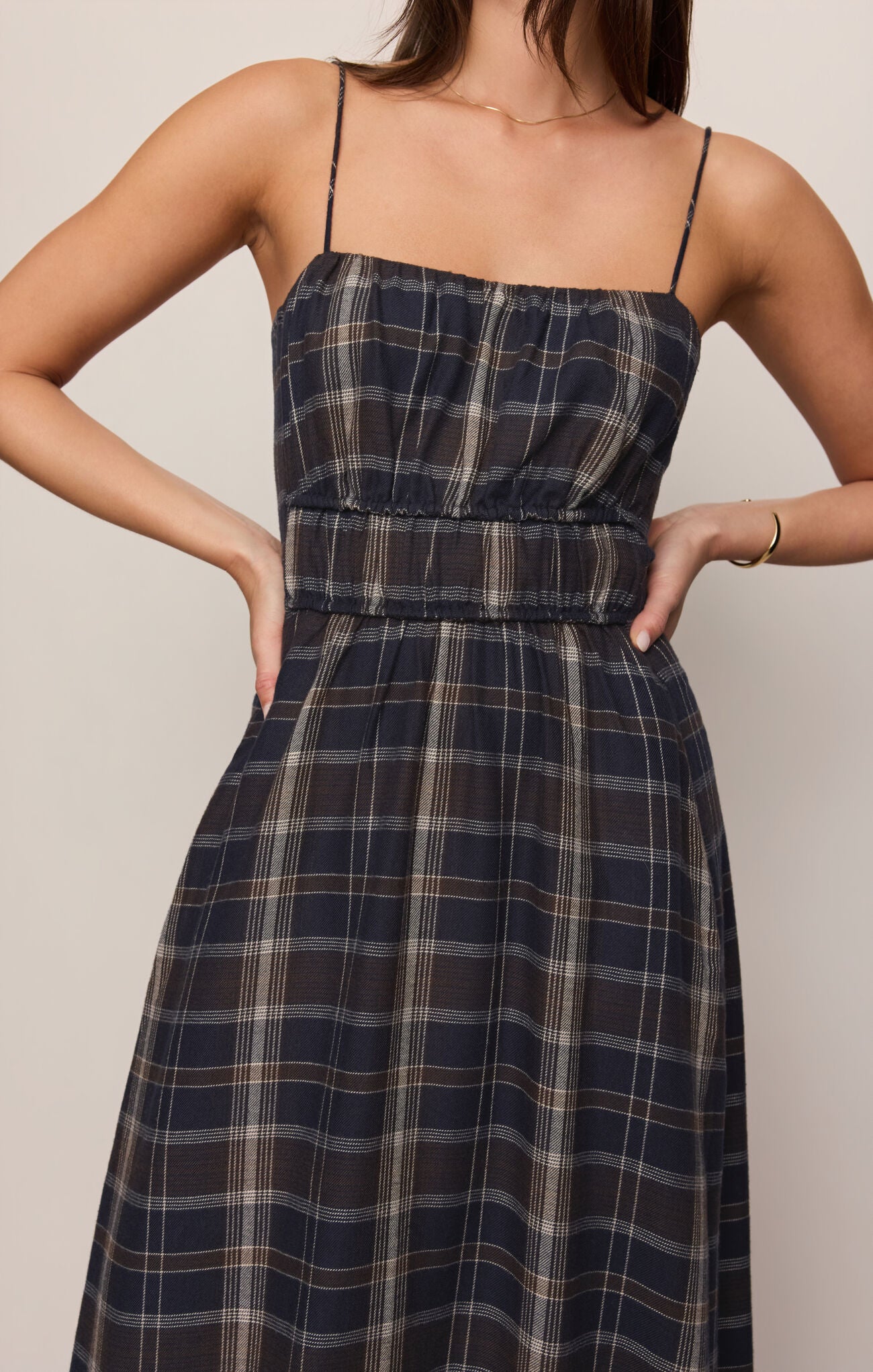 Eclipse Evermore Plaid Midi Dress by z supply on model in navy plaid with spaghetti straps