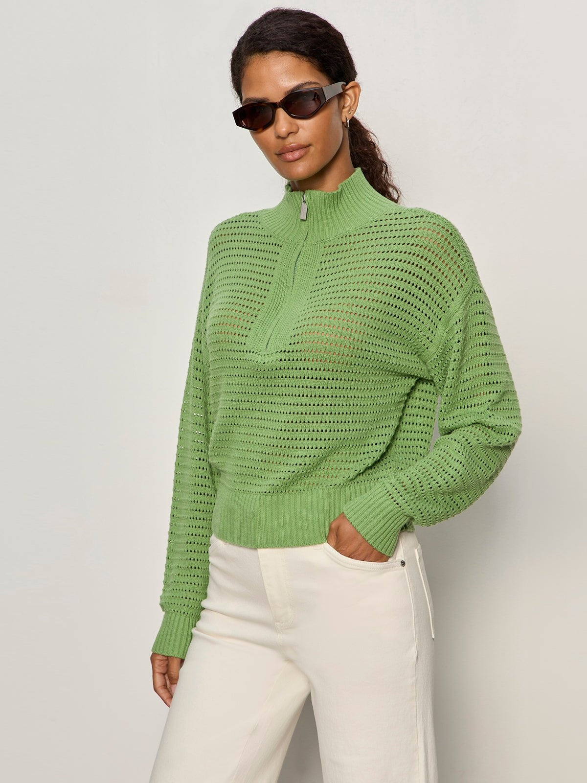 Sanctuary-Detox Green Open Knit 1/2 Zip Sweater