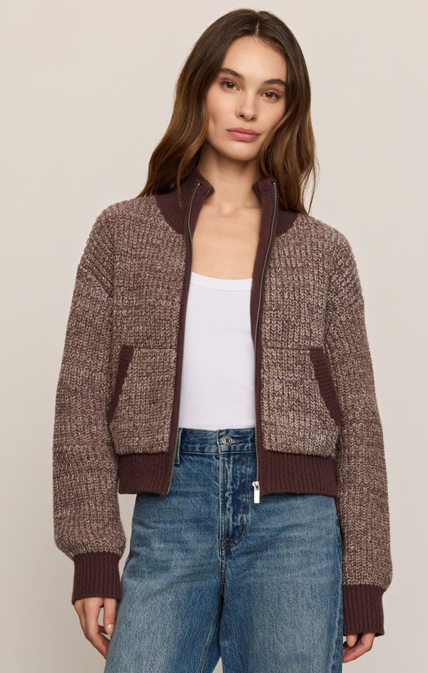 Z Supply brown marled zip-front cardigan worn open over a white tank and blue jeans