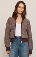 Z Supply brown marled zip-front cardigan worn open over a white tank and blue jeans