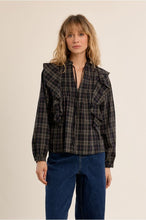 Molly Bracken Khaki Ruffle Plaid Blouse worn by a model