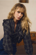 Molly Bracken Khaki Ruffle Plaid Blouse worn by a model
