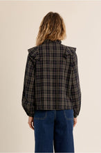 Molly Bracken Khaki Ruffle Plaid Blouse shown from the back
