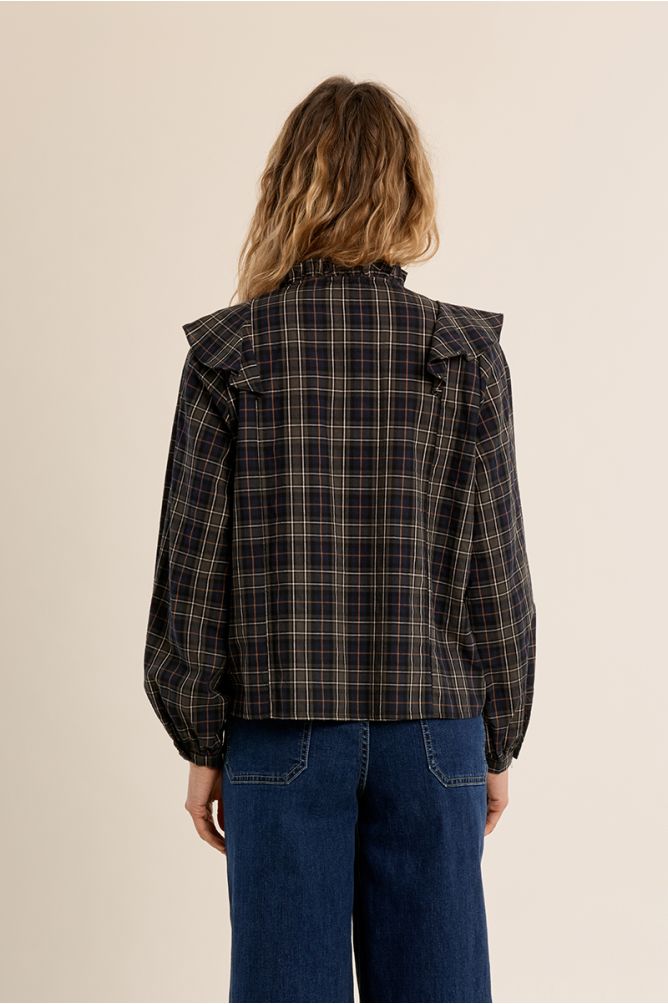 Molly Bracken Khaki Ruffle Plaid Blouse shown from the back