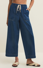 Z supply Deep Water Daycation Denim Utility Pant with elastic waist, front pockets, and relaxed full-length fit