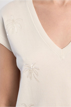 White Palm Top by Molly Bracken featuring a soft knit fabric with subtle sequin palm tree motifs and a V-neckline design