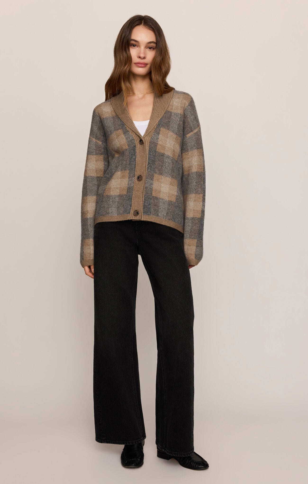 Classic Heather Grey Ludlow Cardigan by z supply modeled with black pants and loafers