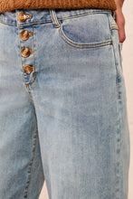 Tribal Audrey Button Fly Wide Crop Denim in light wash with button fly and front pocket