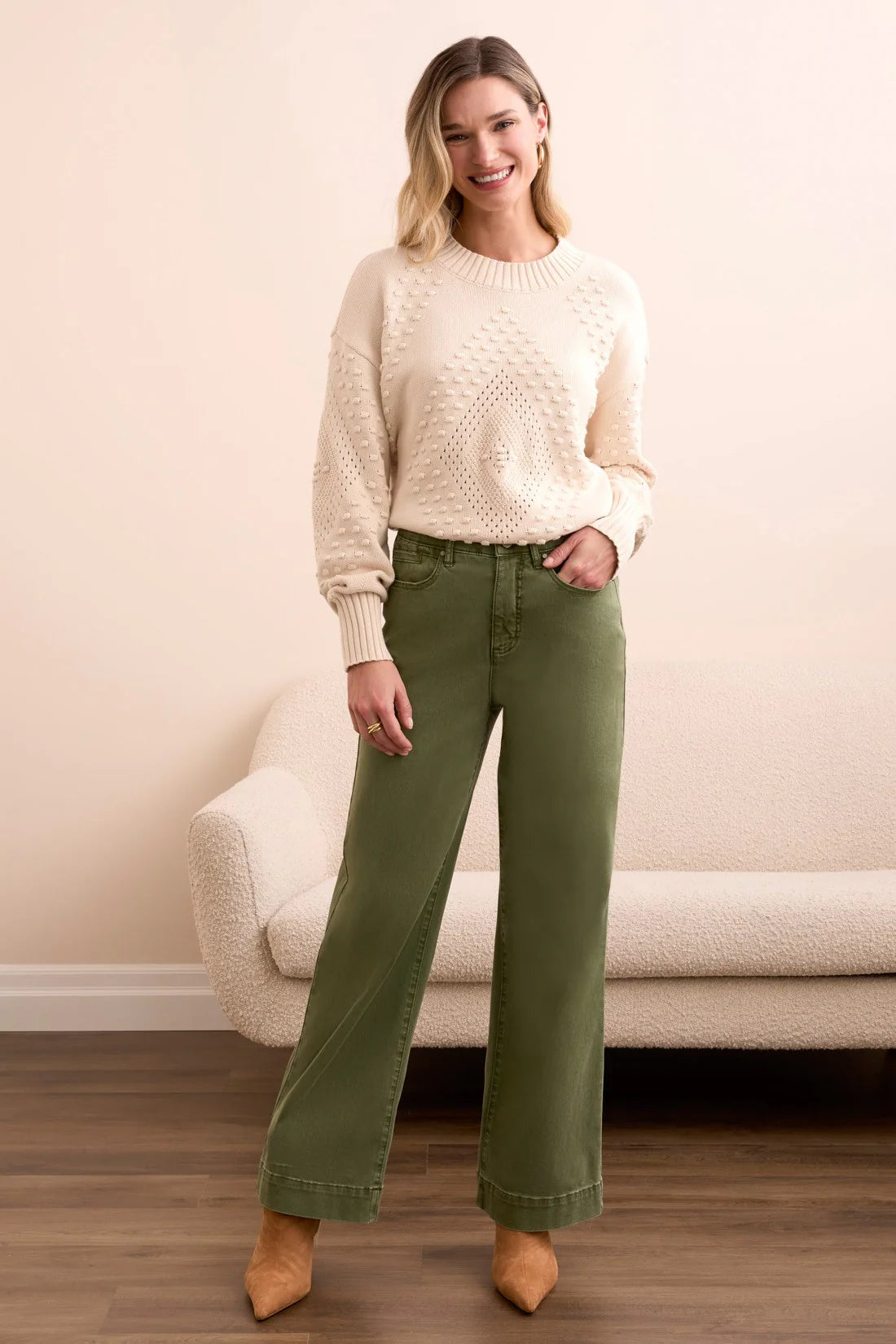Chive Stretch Fly Front Wide Leg Pants