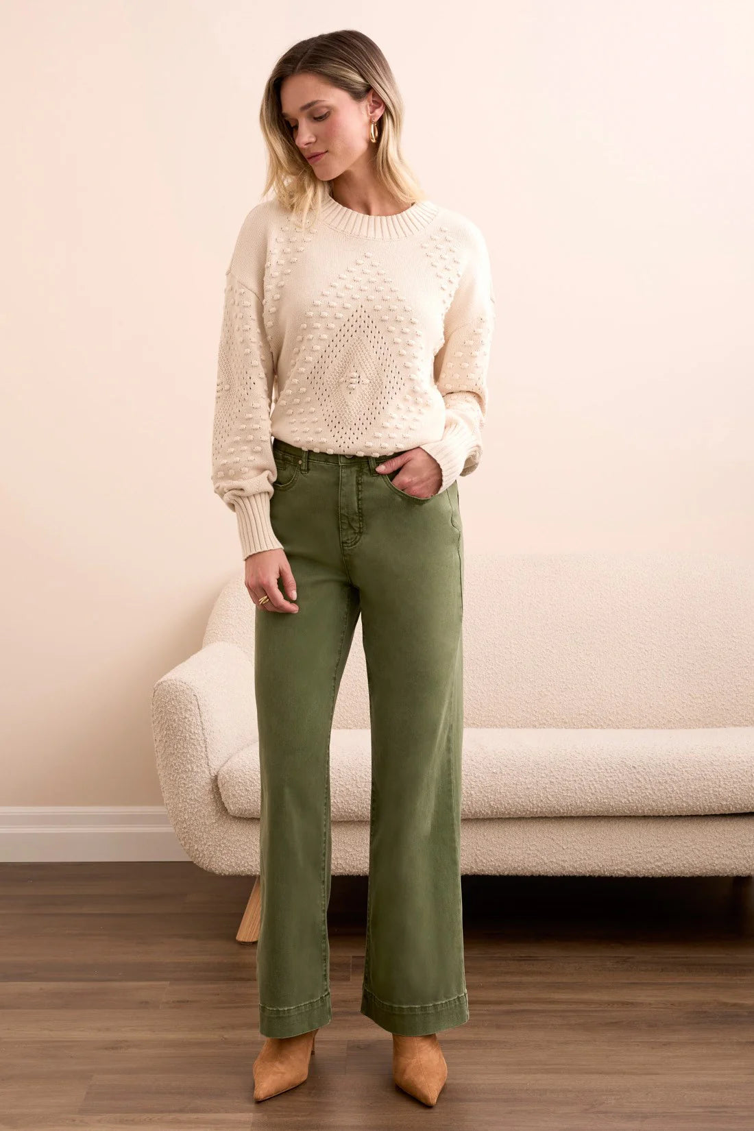 Chive Stretch Fly Front Wide Leg Pants