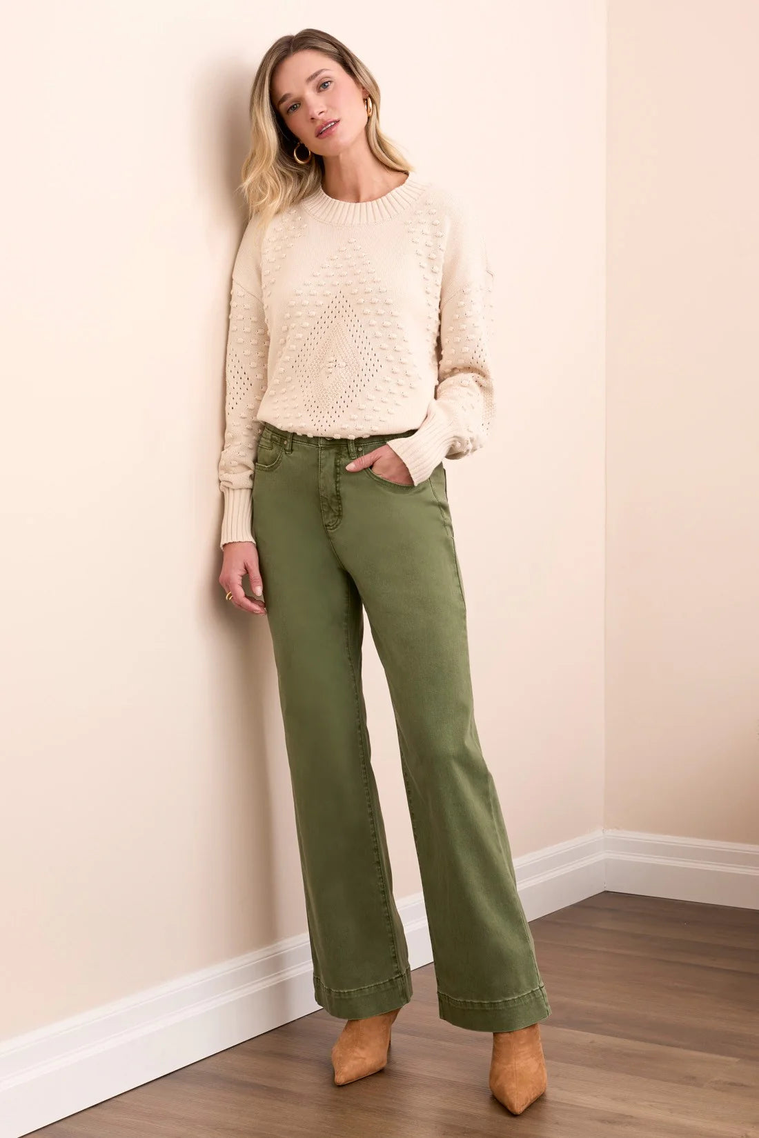 Chive Stretch Fly Front Wide Leg Pants