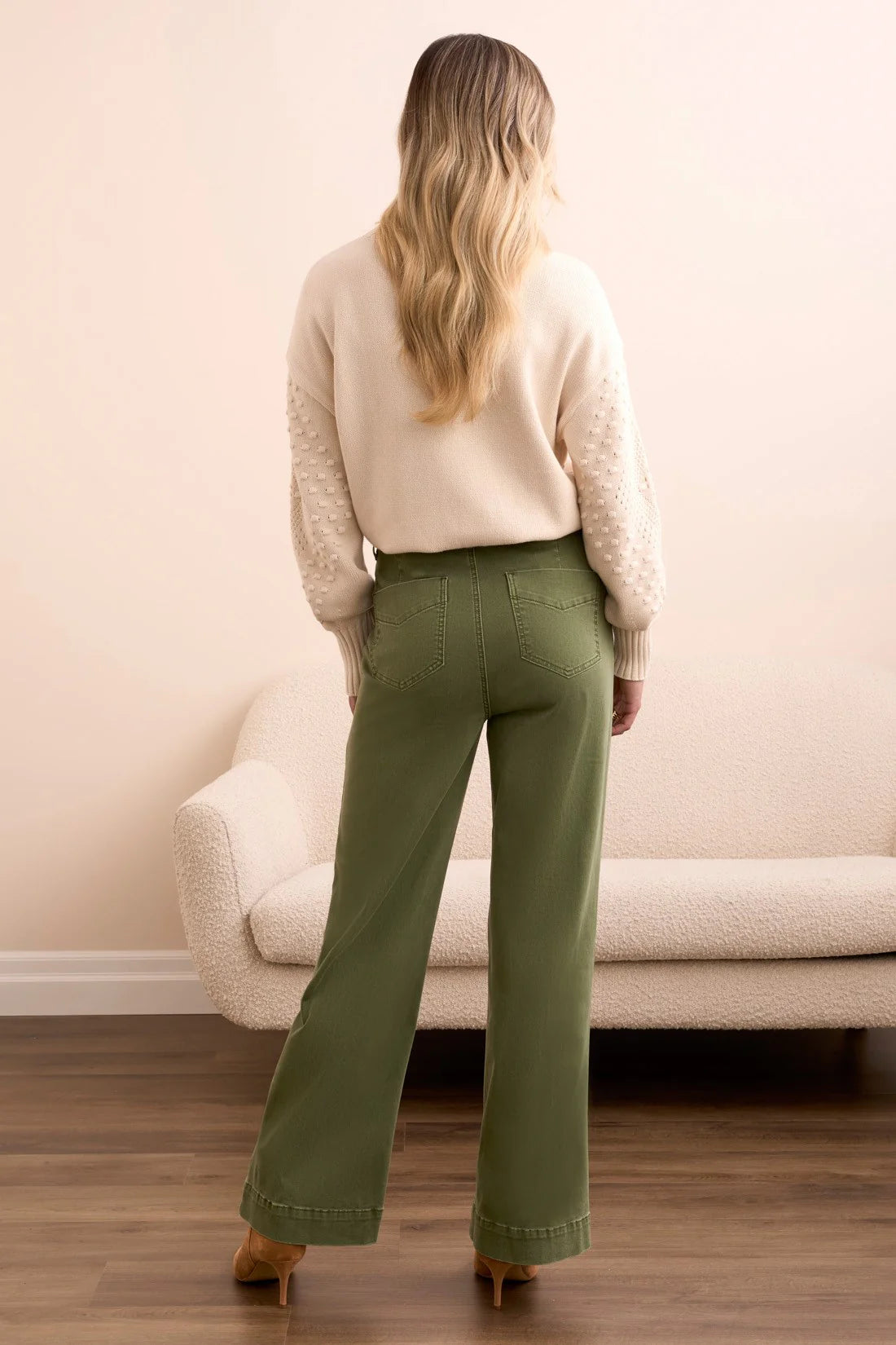 Chive Stretch Fly Front Wide Leg Pants