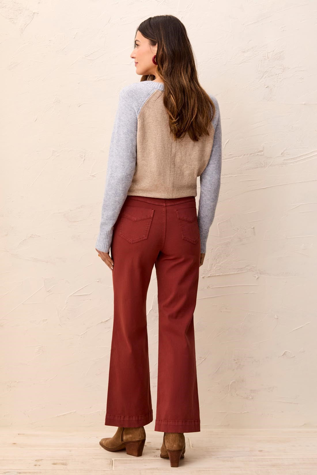 Tribal Wide Leg Pants in burgundy worn by a model from the back with a wide leg silhouette