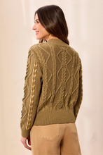 Tribal Aloe Cables Sweater in olive with textured cable knit back and sleeves