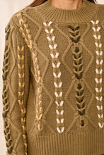 Tribal Cable Knit Crew Neck by Tribal in olive with textured cable knit and leaf motifs