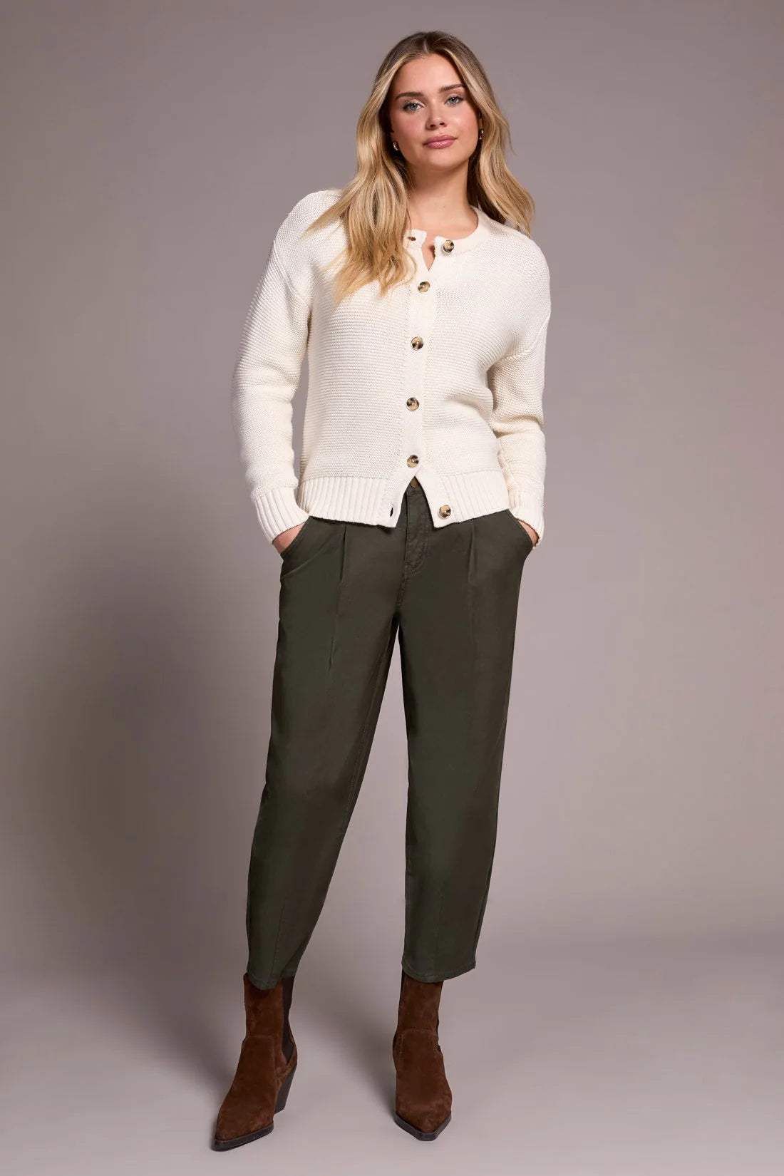 Button Front Sweater Cardi with Specia Wash - Eggshell