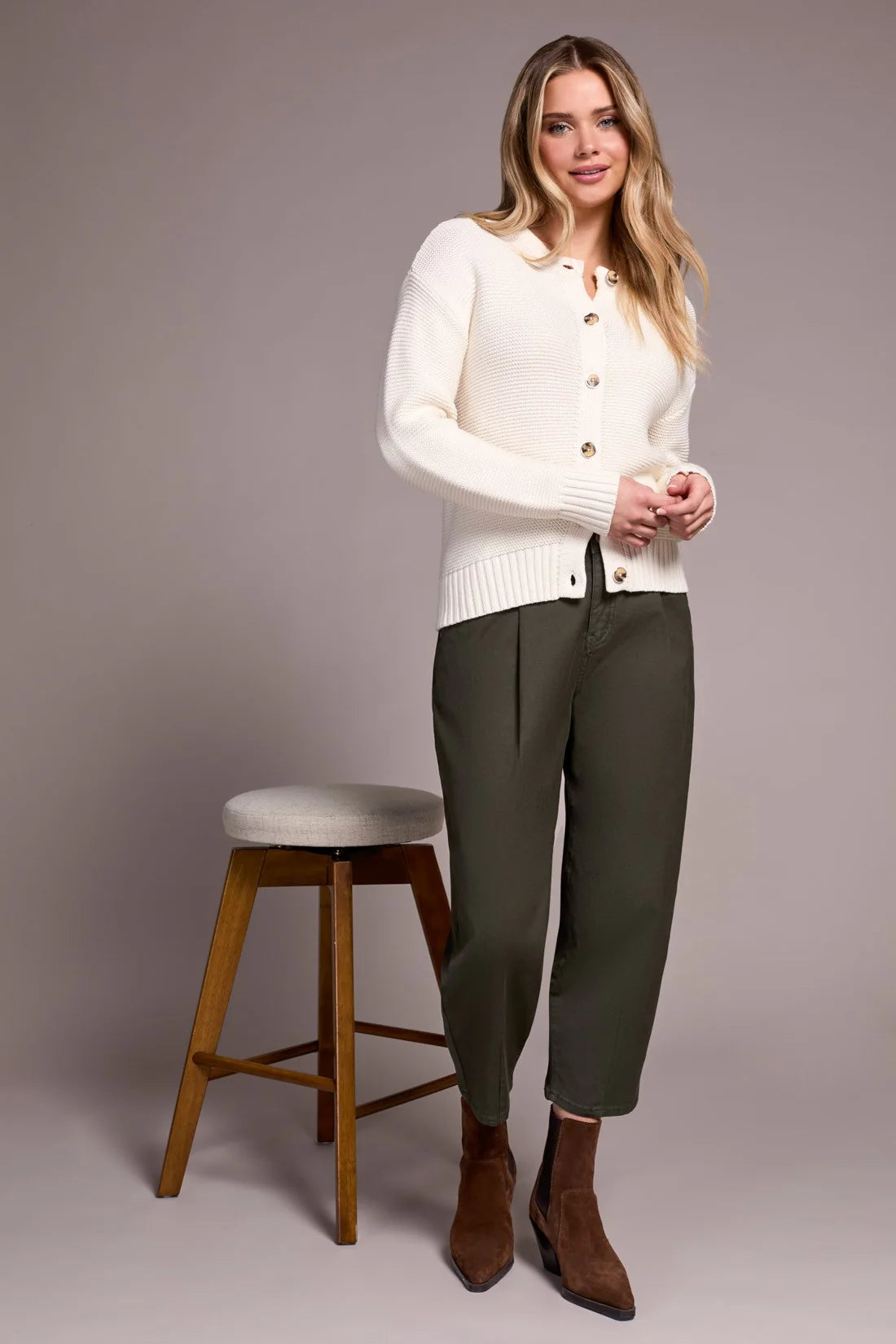 Button Front Sweater Cardi with Specia Wash - Eggshell