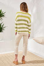 Rear view of woman wearing Tribal Kiwizest Crew Neck Drop Shoulder Sweater in green and cream stripes styled with beige pants