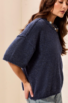 Tribal Raw Edge Short Sleeve Knit Top