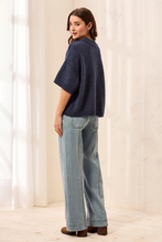 Tribal Nightfall Knit Top in navy worn with wide leg jeans