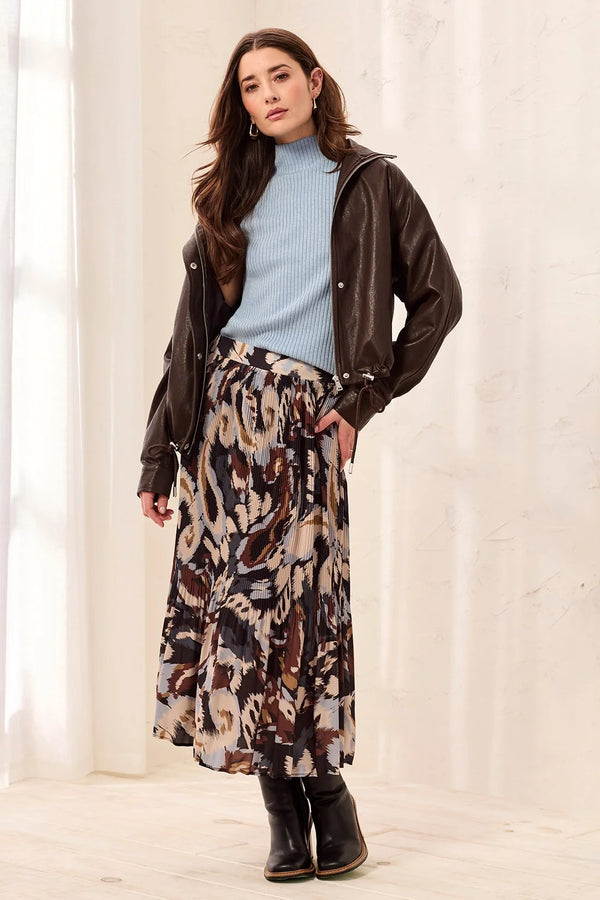 Tribal Printed Skirt by Tribal featuring an abstract brown patterned design and flowing midi length silhouette