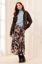 Tribal Printed Skirt by Tribal featuring an abstract brown patterned design and flowing midi length silhouette