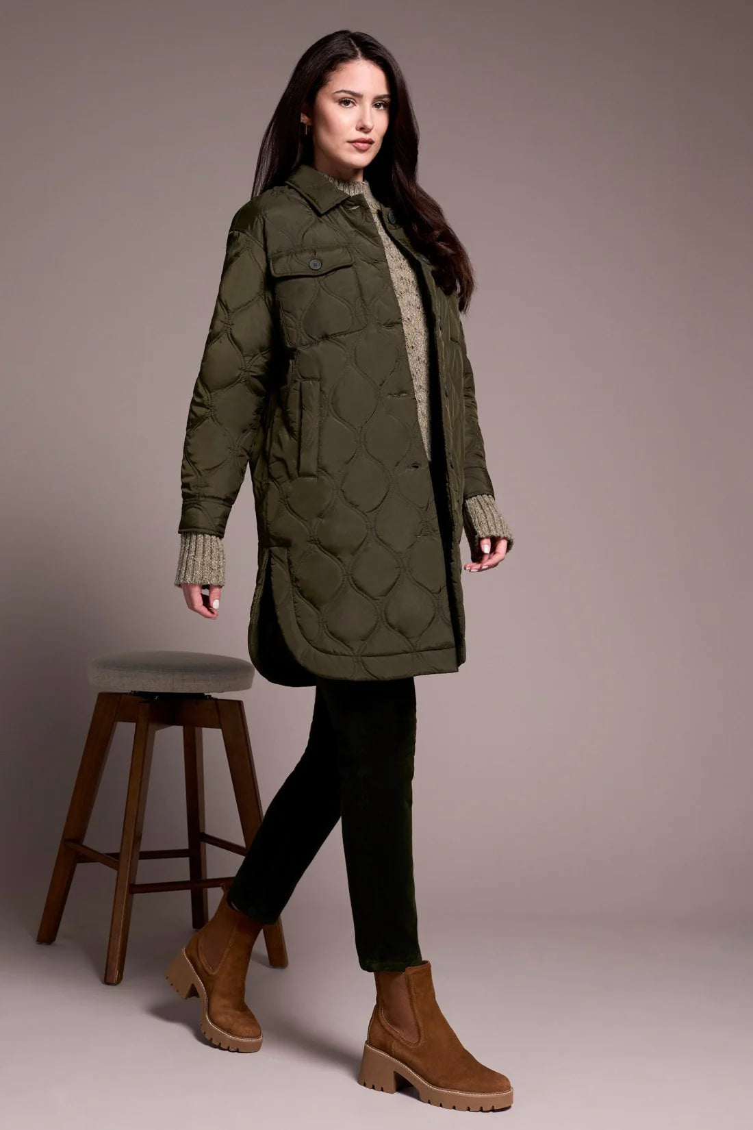Long Quilted Button-Up Spruce Jacket with Pockets