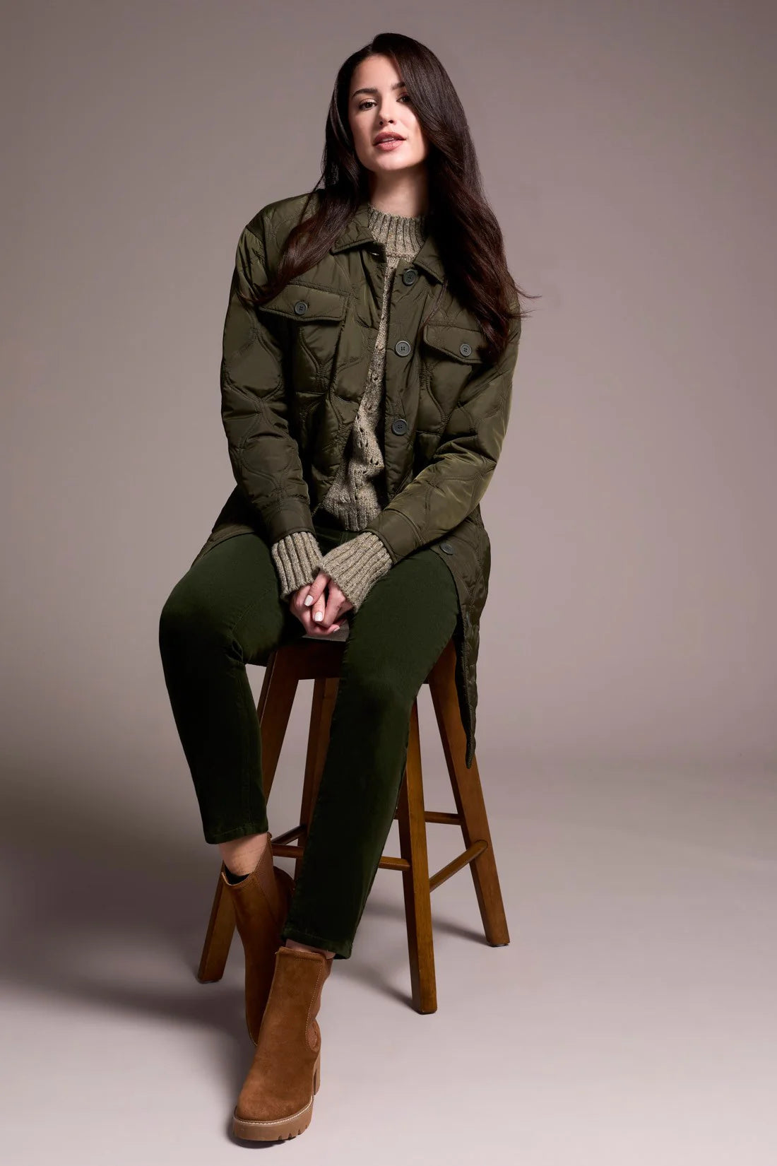 Long Quilted Button-Up Spruce Jacket with Pockets