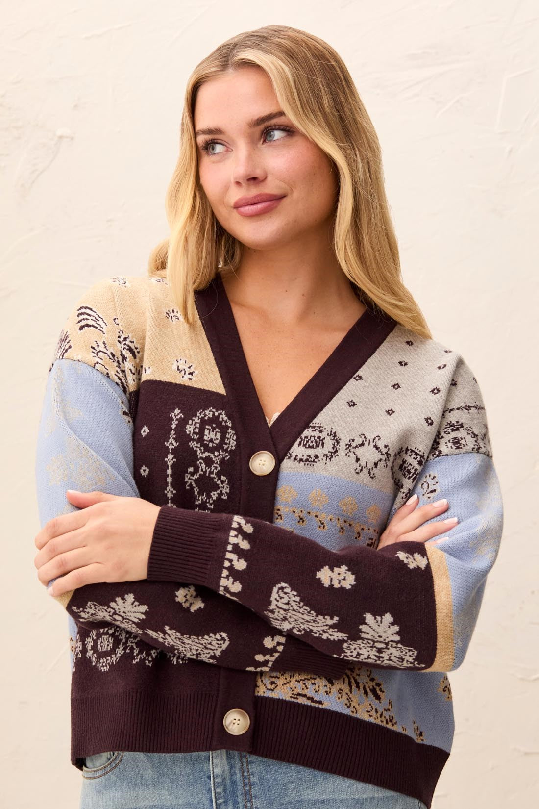 Satinsky Wear 2 Ways Jacquard Sweater/Cardigan by Tribal worn by a model in a patterned knit cardigan