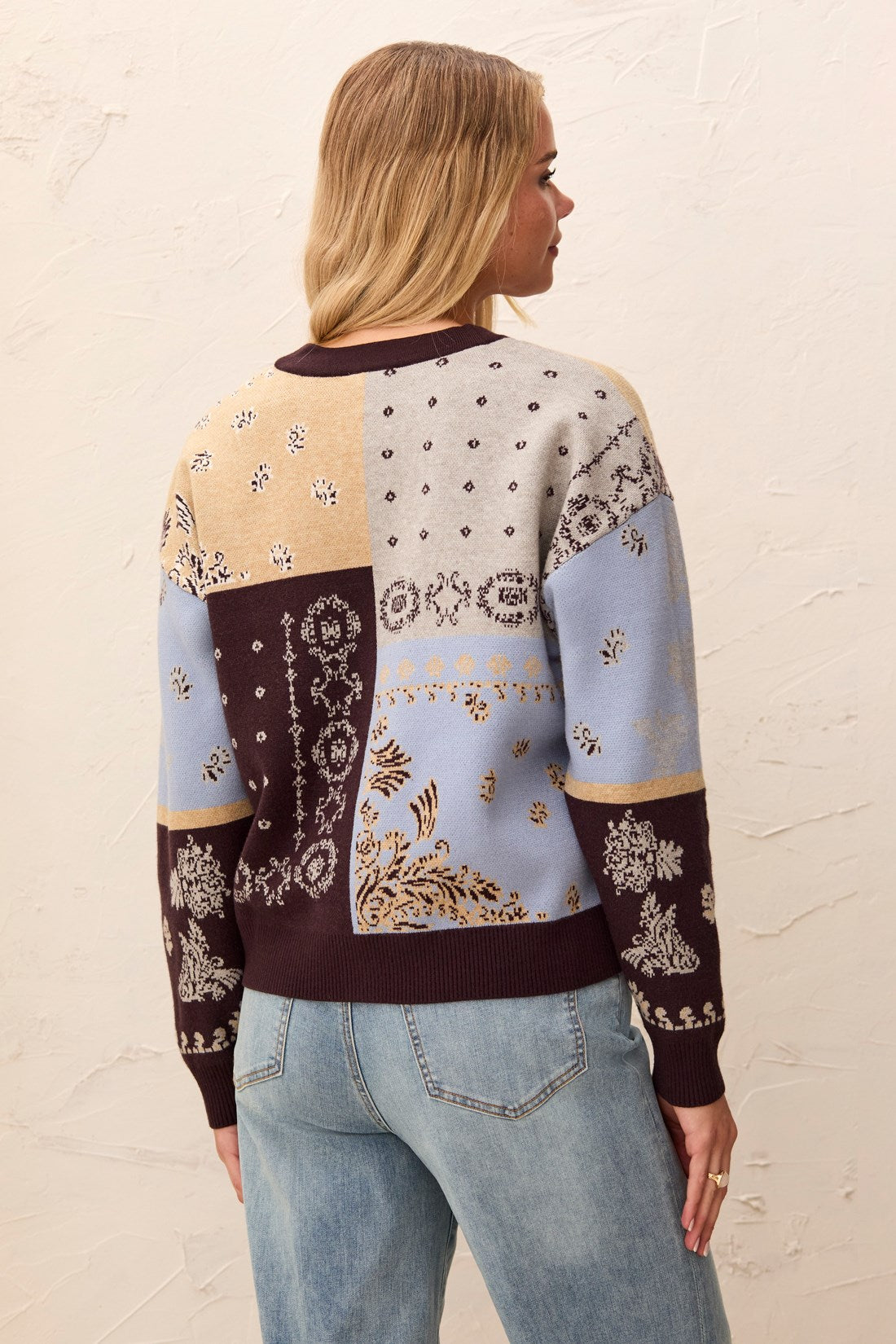 Tribal Satinsky Wear 2 Ways Jacquard Sweater/Cardigan in patterned knit back view