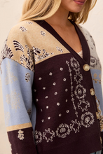 Satinsky Wear 2 Ways Jacquard Sweater/Cardigan by Tribal in burgundy blue and cream with button front