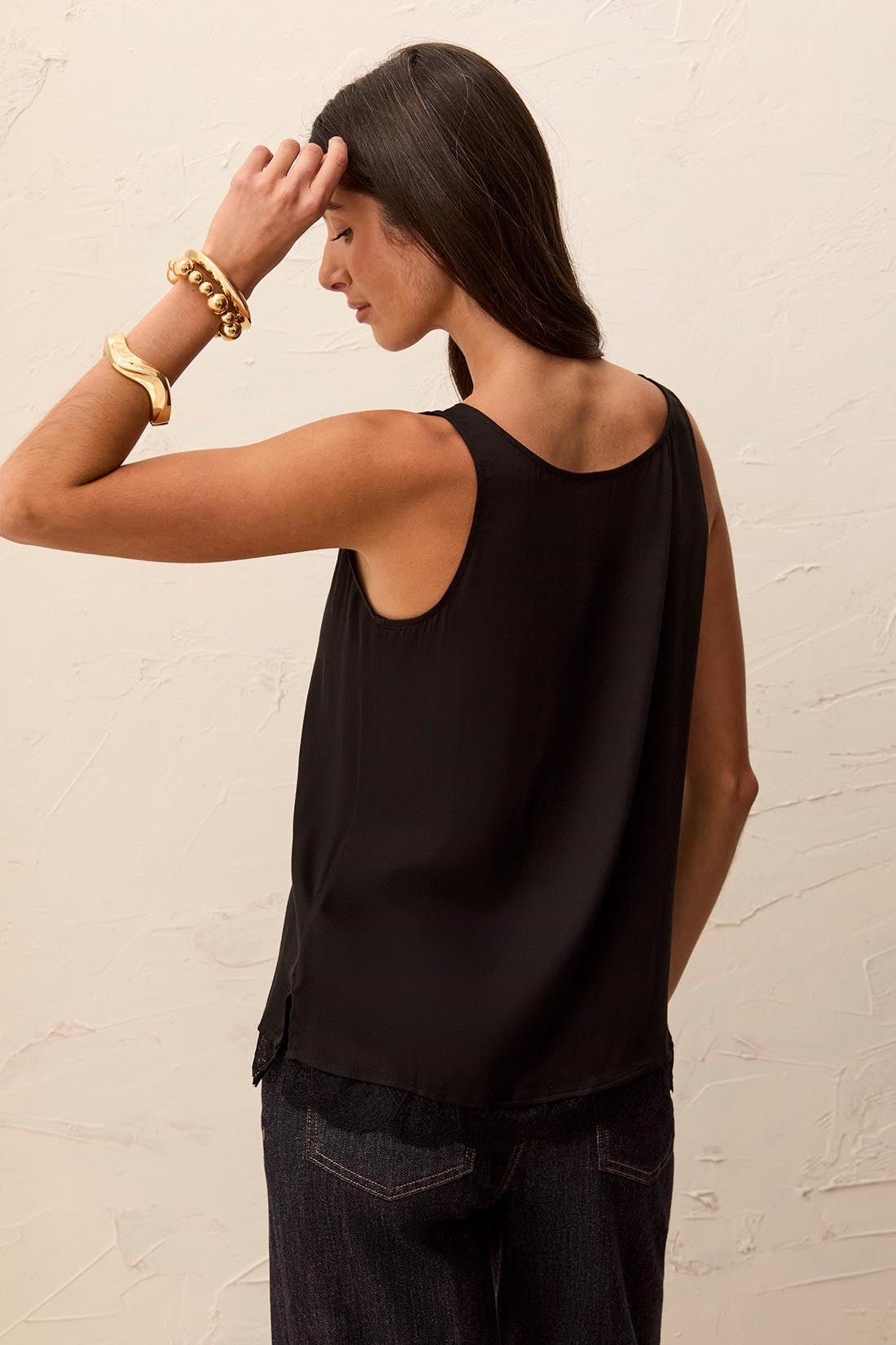 Tribal Satin Feel V-Neck Cami With Lace Trim shown from the back in black