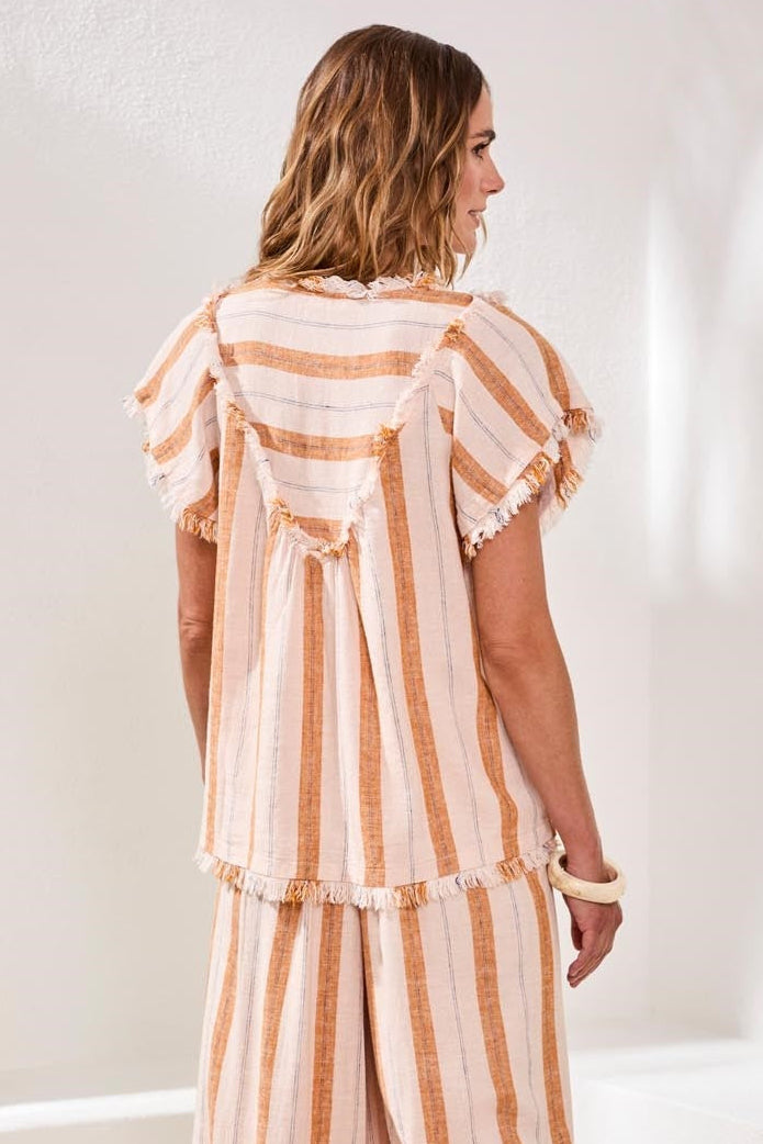 Tribal Textured Linen Smocked V-Neck Blouse