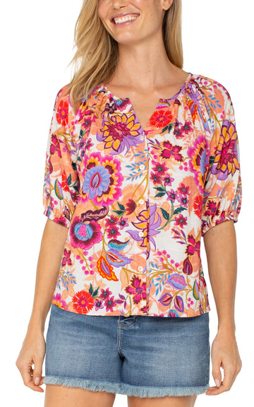 Button Front Shirred Woven Top