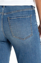 Close-up of back pocket detail on Newport Beach Kennedy Crop Straight w/ Blind Hem 28 Inseam jeans by liverpool in blue denim