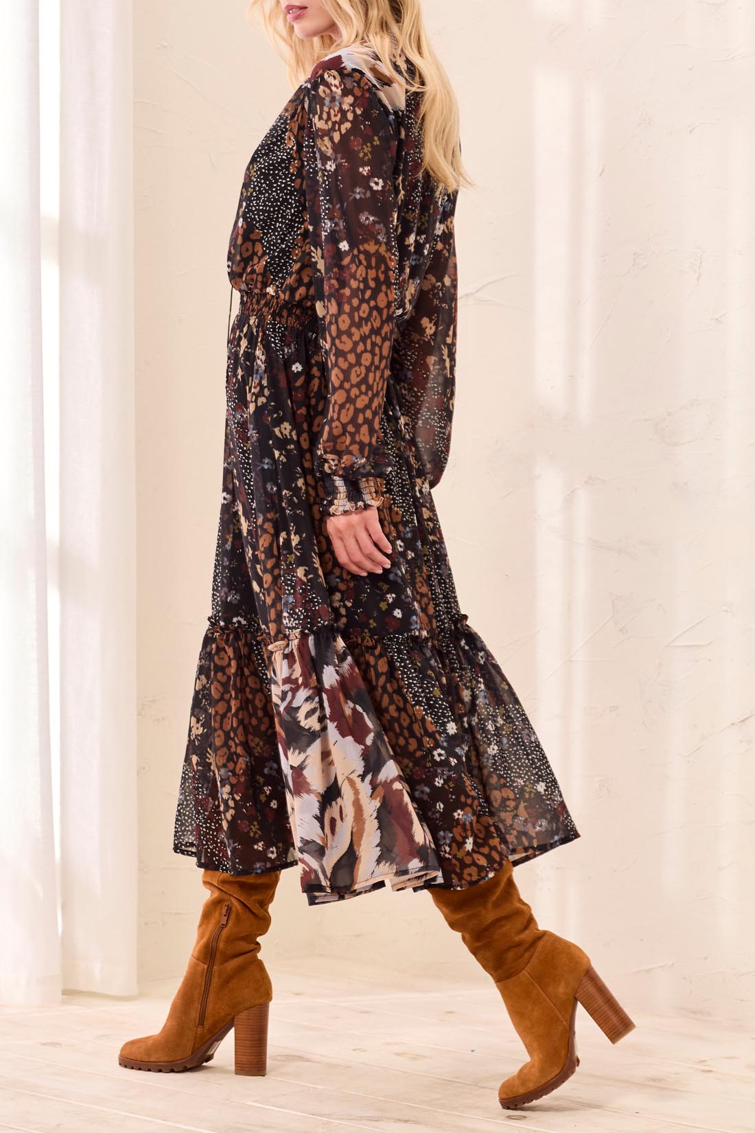 Tribal Mixed Print Drama Dress by Tribal featuring a long mixed print silhouette and brown knee high boots