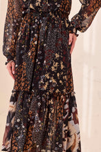 Tribal Mixed Print Drama Dress with sheer sleeves and tiered floral print skirt