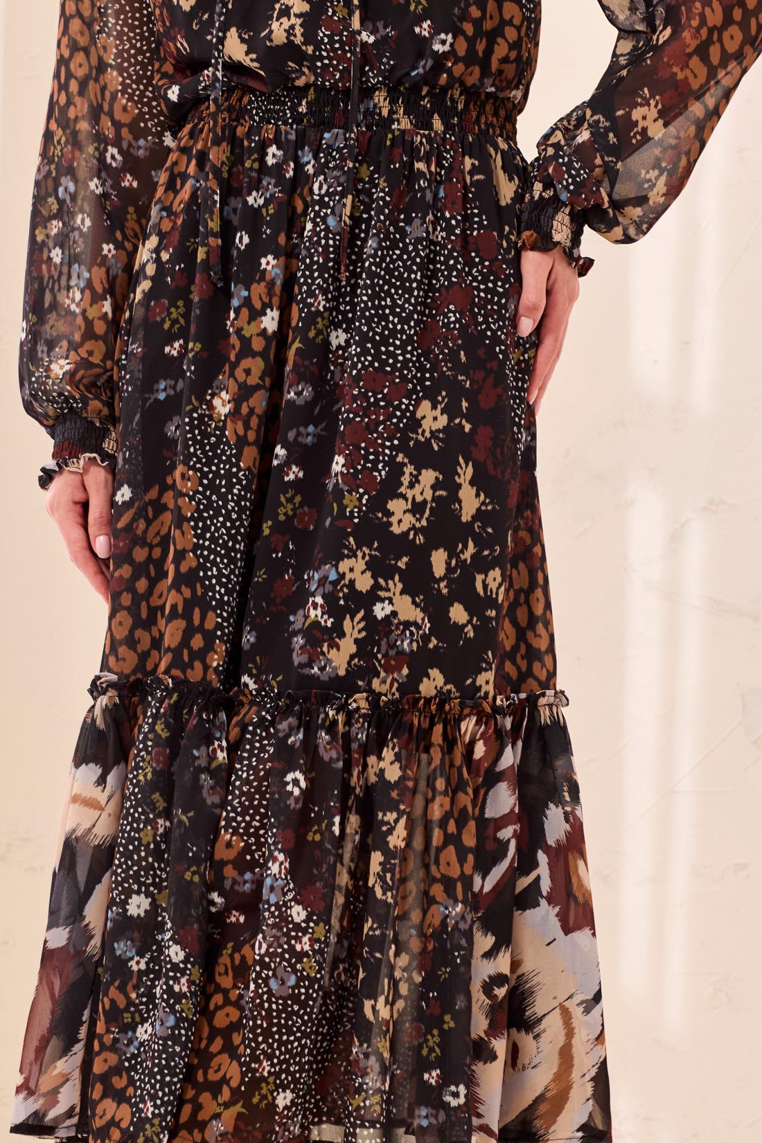 Tribal Mixed Print Drama Dress with sheer sleeves and tiered floral print skirt
