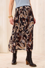 Tribal Printed Skirt by Tribal in a flowing brown black and cream pattern with black heeled boots
