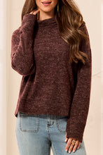 Hickory Funnel Neck Top by Tribal in textured brown with long sleeves modeled with light wash jeans