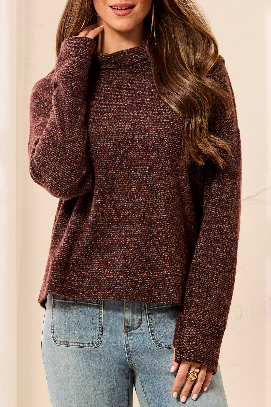 Hickory Funnel Neck Top by Tribal in textured brown with long sleeves modeled with light wash jeans