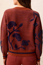 Tribal Sweater by Tribal shown from the back in rust with navy floral pattern and ribbed trim