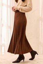 Tribal Pleated Skirt by Tribal in brown with flowing pleats styled with a beige sweater and ankle boots