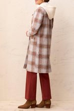 Tribal Coat with Removable Hood by Tribal in plaid with a white hood and long tailored fit