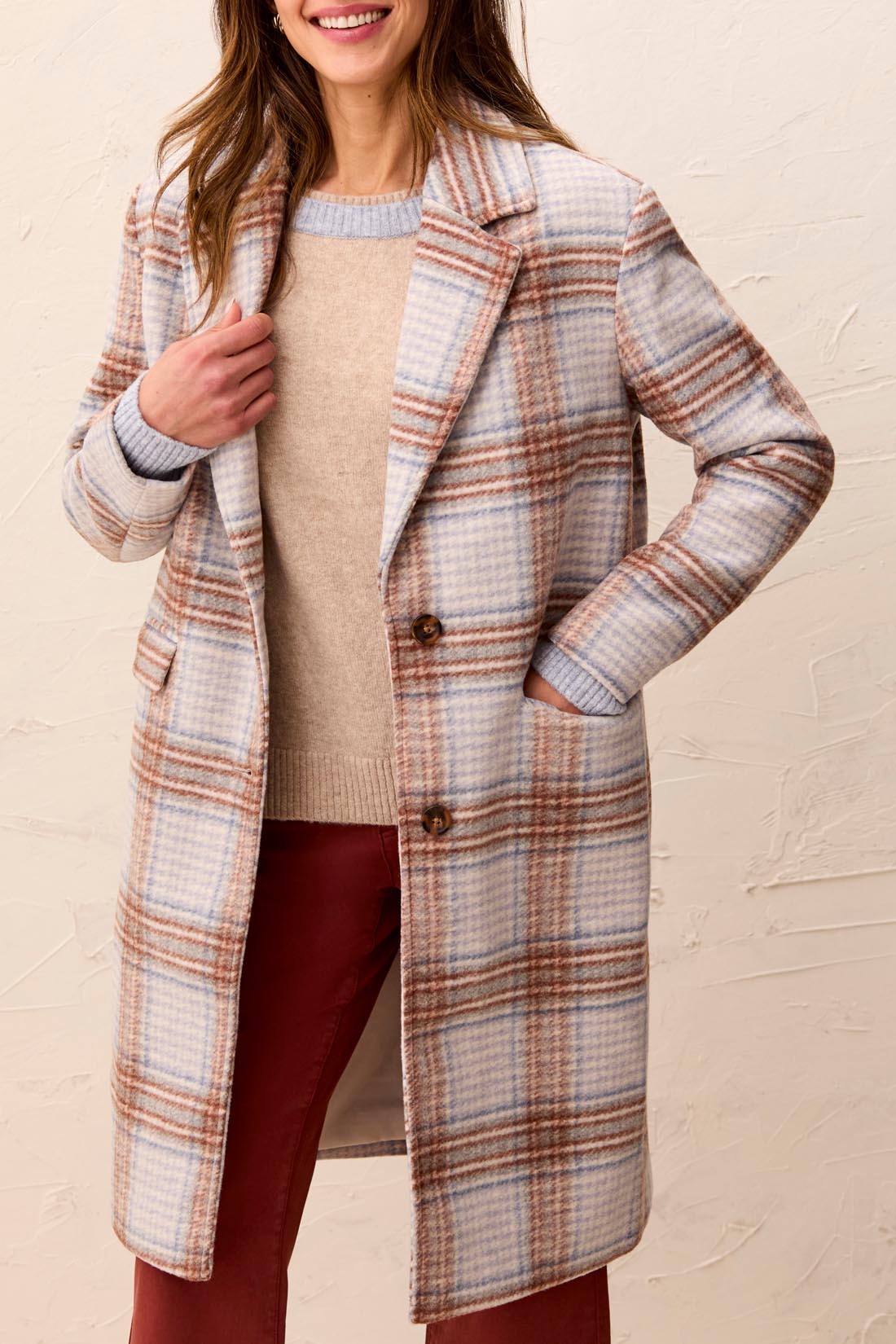 Tribal Coat with Removable Hood by Tribal in a neutral plaid pattern with button closure and pockets