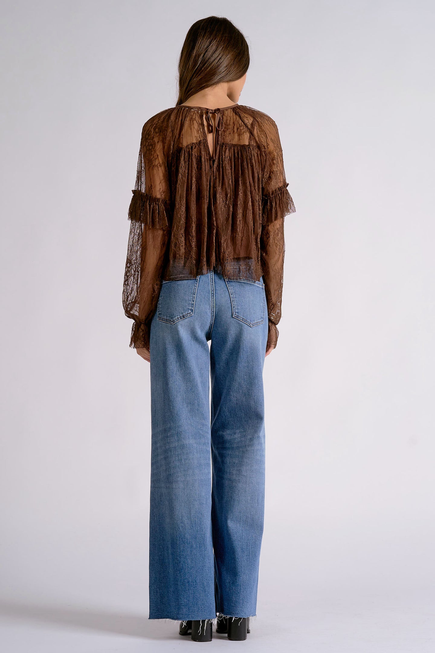 Elan Mocha brown lace long-sleeve top, back view