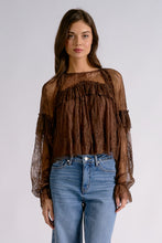 Elan Mocha brown lace long-sleeve top, front view