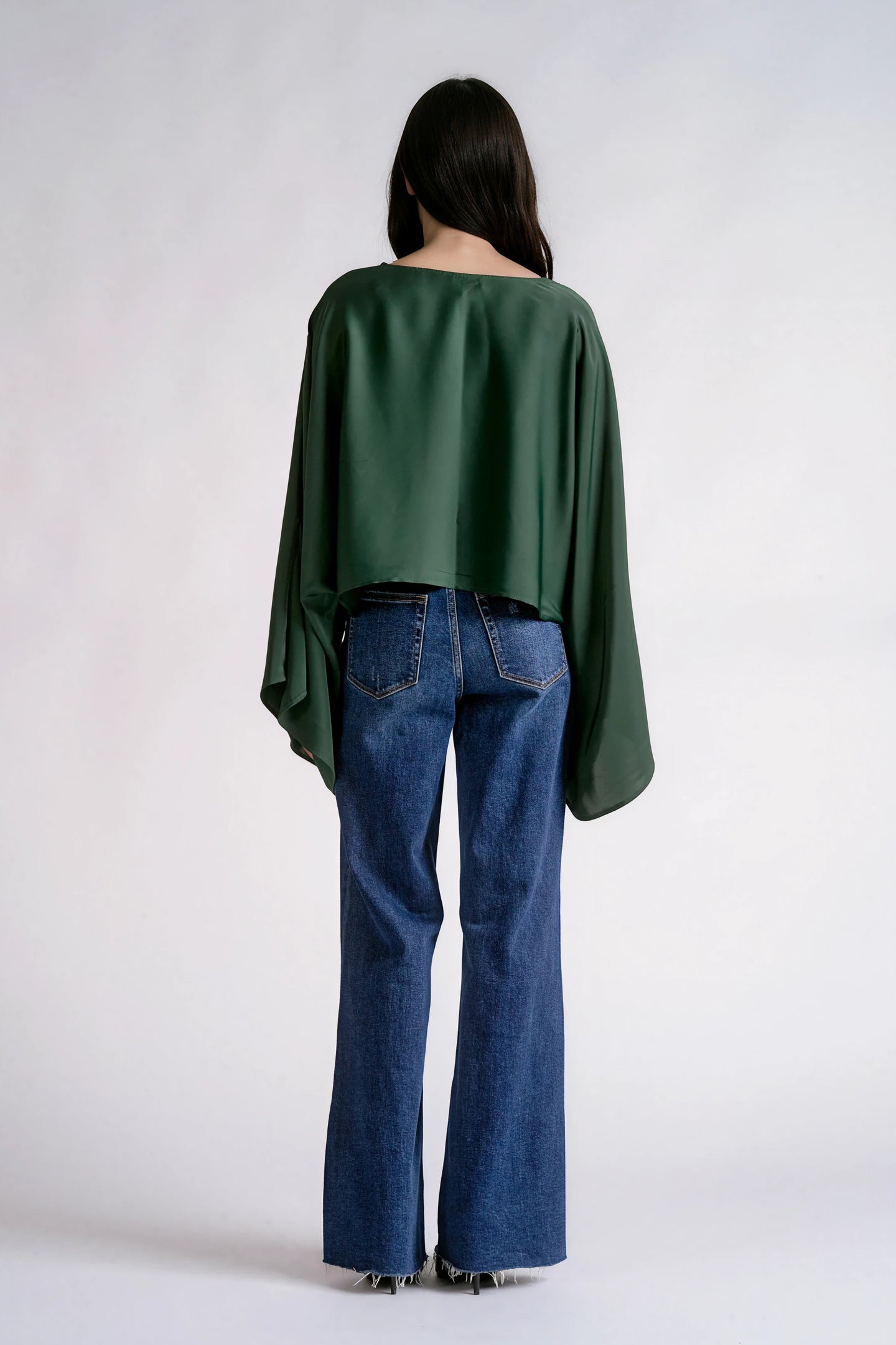 Elan Camille green draped top with split sleeves, back view