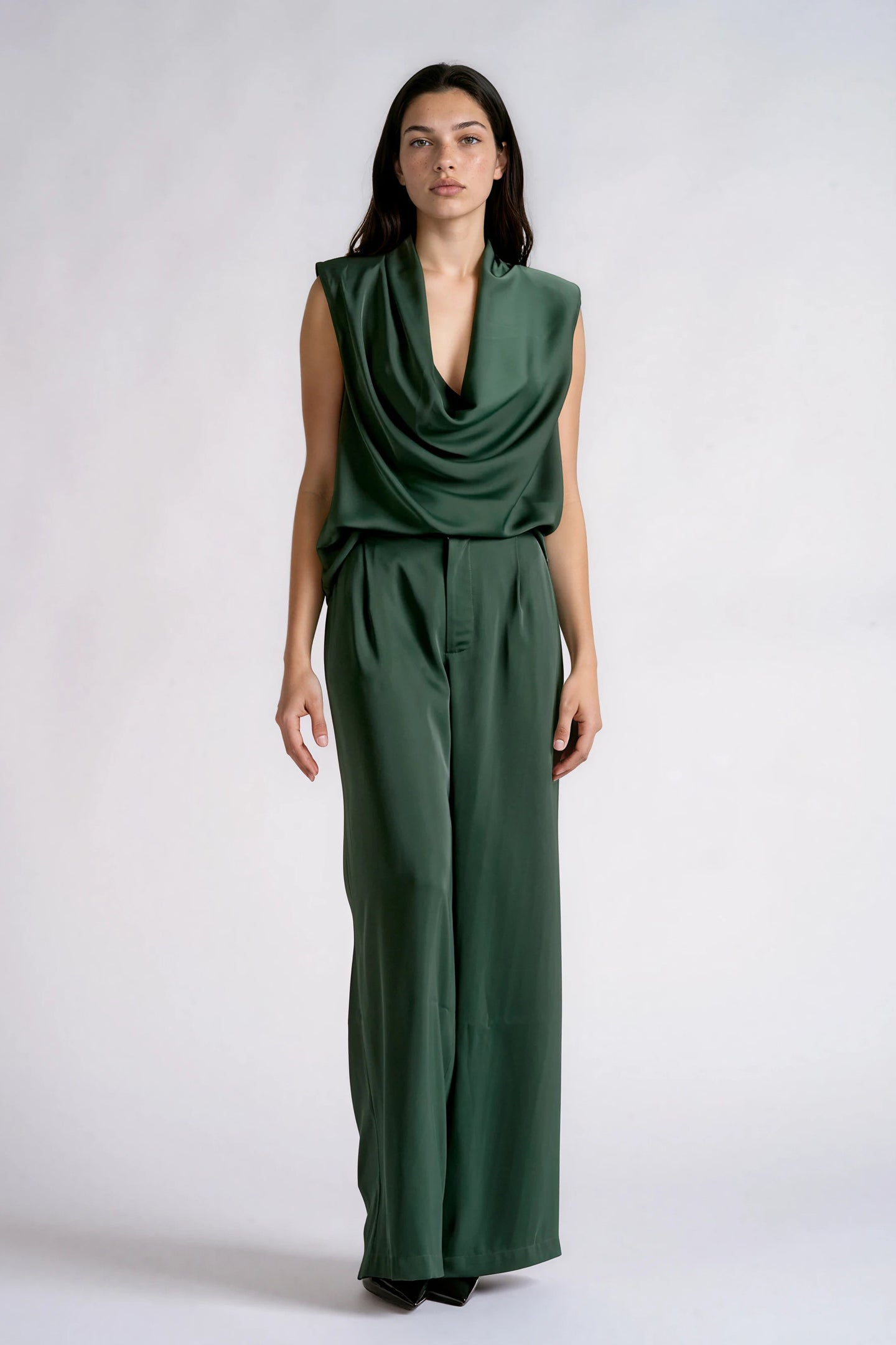 Elan Willow green wide-leg pants, styled with a matching green top